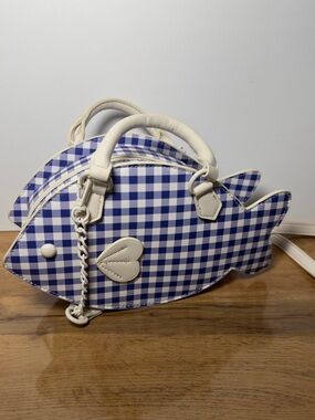 NWT Betsey Johnson Blue Gingham Fish Shaped Crossbody Bag in Blue and White